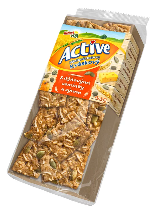 ACTIVE Kváskové miniknäckebroty s tekvicovými semiačkami a syrom 100g cena za 1 kartón (10 kusov) ACTIVE Kváskové miniknäckebroty s tekvicovými semiačkami a syrom 100g cena za 1 kartón (10 kusov)
