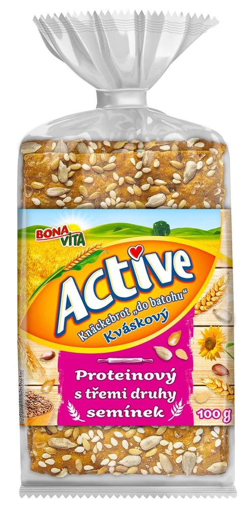 ACTIVE Kváskový knäckebrot “do batohu“ proteínový s troma druhmi semienok 100g cena za 1 kartón (12 kusov) ACTIVE Kváskový knäckebrot “do batohu“ proteínový s troma druhmi semienok 100g cena za 1 kartón (12 kusov)
