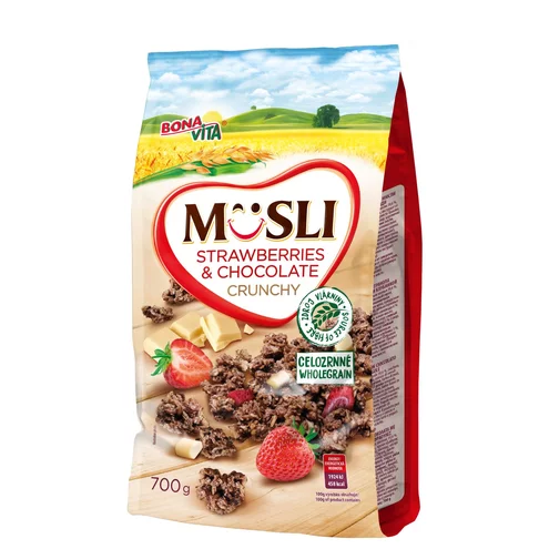 Zapekané müsli čokoládové s jahodami 700g cena za 1 kartón (10 kusov) Zapekané müsli čokoládové s jahodami 700g cena za 1 kartón (10 kusov)