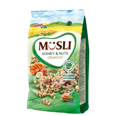 Zapekané müsli s medom a orechmi 750g cena za 1 kartón (10 kusov) Zapekané müsli s medom a orechmi 750g cena za 1 kartón (10 kusov)