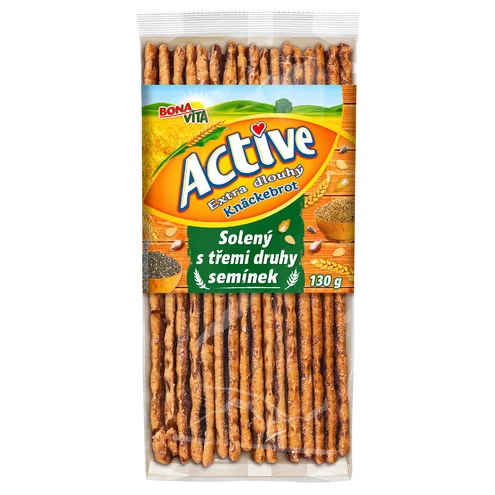 ACTIVE Extra dlhý solený knäckebrot s tromi druhmi semienok 130g cena za 1 kartón (14 kusov) ACTIVE Extra dlhý solený knäckebrot s tromi druhmi semienok 130g cena za 1 kartón (14 kusov)