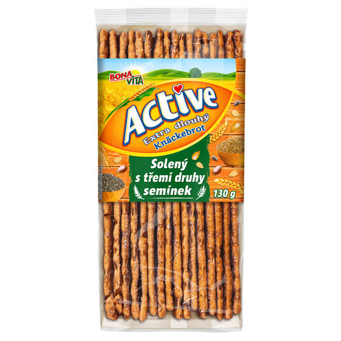 ACTIVE Extra dlhý solený knäckebrot s tromi druhmi semienok 130g cena za 1 kartón (14 kusov)