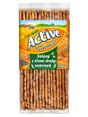 ACTIVE Extra dlhý solený knäckebrot s tromi druhmi semienok 130g cena za 1 kartón (14 kusov) ACTIVE Extra dlhý solený knäckebrot s tromi druhmi semienok 130g cena za 1 kartón (14 kusov)