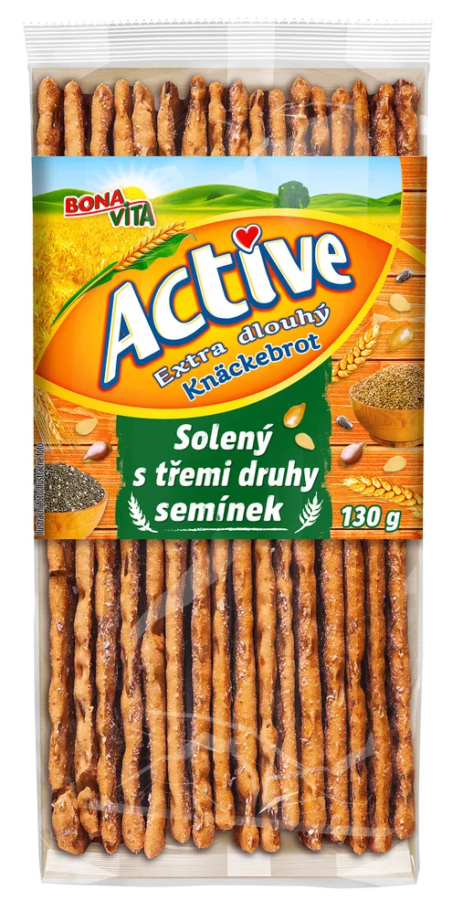ACTIVE Extra dlhý solený knäckebrot s tromi druhmi semienok 130g cena za 1 kartón (14 kusov) ACTIVE Extra dlhý solený knäckebrot s tromi druhmi semienok 130g cena za 1 kartón (14 kusov)