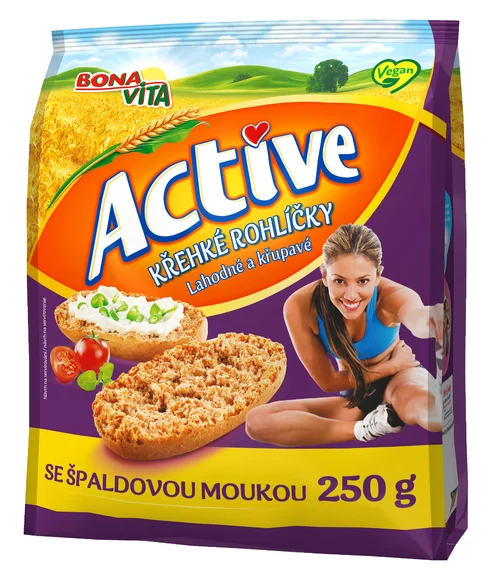 ACTIVE Krehké rožteky špaldové 250g cena za 1 kartón (10 kusov) ACTIVE Krehké rožteky špaldové 250g cena za 1 kartón (10 kusov)