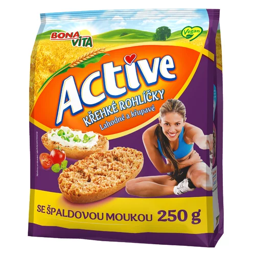 ACTIVE Krehké rožteky špaldové 250g cena za 1 kartón (10 kusov) ACTIVE Krehké rožteky špaldové 250g cena za 1 kartón (10 kusov)