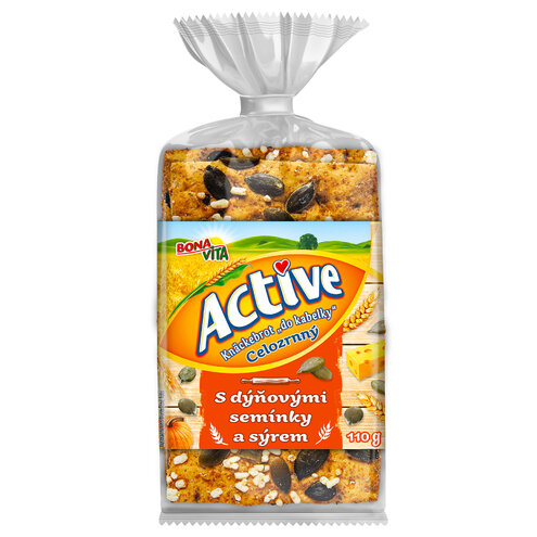 ACTIVE Kváskový knäckebrot “do kabelky“ celozrnný s tekvicovými semiačkami a syrom 110g cena za 1 kartón (12 kusov)
