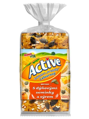 ACTIVE Kváskový knäckebrot “do kabelky“ celozrnný s tekvicovými semiačkami a syrom 110g cena za 1 kartón (12 kusov) ACTIVE Kváskový knäckebrot “do kabelky“ celozrnný s tekvicovými semiačkami a syrom 110g cena za 1 kartón (12 kusov)