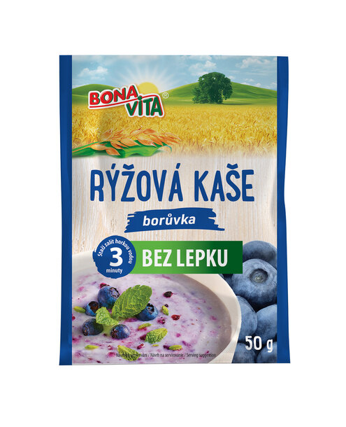 BEZGLUTÉNOVÁ RYŽOVÁ kaša čučoriedka 50g cena za 1 kartón (20 kusov)