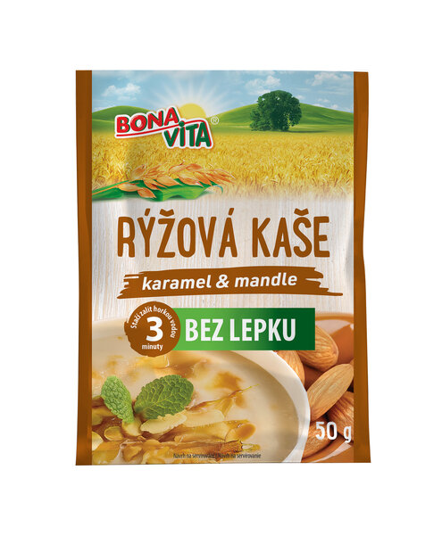 BEZGLUTÉNOVÁ RYŽOVÁ kaša karamel a mandle 50g cena za 1 kartón (20 kusov)