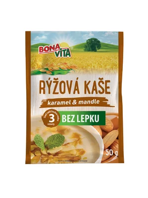 BEZGLUTÉNOVÁ RYŽOVÁ kaša karamel a mandle 50g cena za 1 kartón (20 kusov)