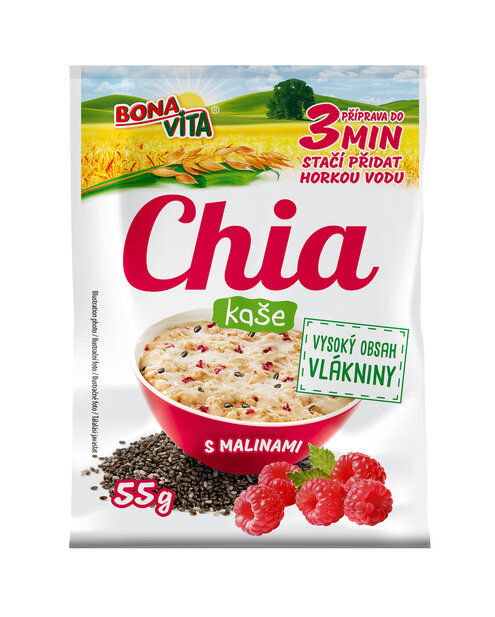 Chia kaša s malinami 55g cena za 1 kartón (20 kusov)