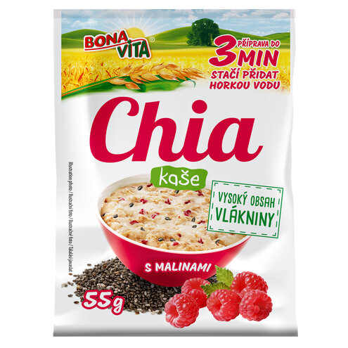 Chia kaša s malinami 55g cena za 1 kartón (20 kusov)