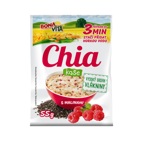 Chia kaša s malinami 55g cena za 1 kartón (20 kusov)