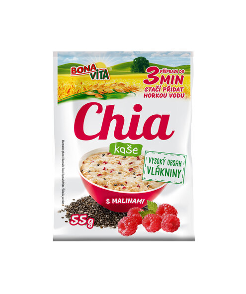 Chia kaša s malinami 55g cena za 1 kartón (20 kusov)