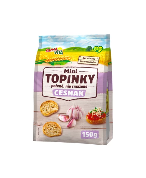 Mini topinky s cesnakovou príchuťou 150g cena za 1 kartón (10 kusov) Mini topinky s cesnakovou príchuťou 150g cena za 1 kartón (10 kusov)