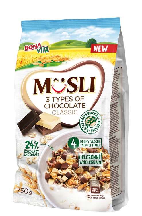 Müsli sypané 3 druhy čokolády 750g cena za 1 kartón (10 kusov)