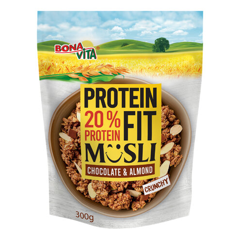 Zapekané müsli 20% PROTEIN FIT čokoláda a mandle 300g cena za 1 kartón (12 kusov)