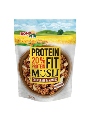 Zapekané müsli 20% PROTEIN FIT čokoláda a mandle 300g cena za 1 kartón (12 kusov)