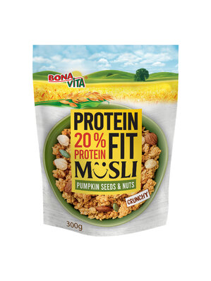 Zapekané müsli 20% PROTEIN FIT orechy a tekvicové semienka 300g cena za 1 kartón (12 kusov)