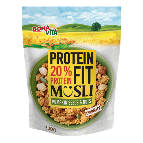 Zapekané müsli 20% PROTEIN FIT orechy a tekvicové semienka 300g cena za 1 kartón (12 kusov)