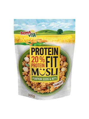 Zapekané müsli 20% PROTEIN FIT orechy a tekvicové semienka 300g cena za 1 kartón (12 kusov)