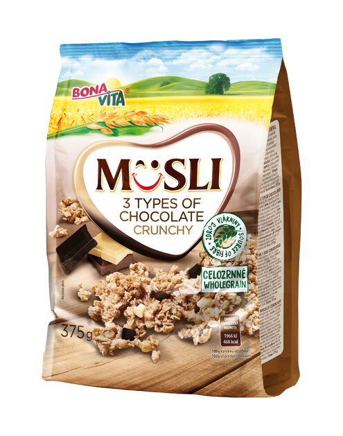 Zapekané müsli 3 druhy čokolády 375g cena za 1 kartón (12 kusov)