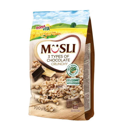 Zapekané müsli 3 druhy čokolády 700g cena za 1 kartón (10 kusov) Zapekané müsli 3 druhy čokolády 700g cena za 1 kartón (10 kusov)